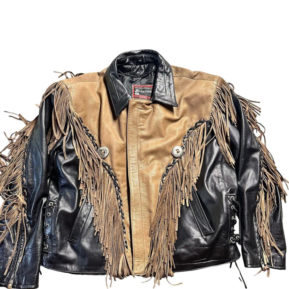 Vintage 90s JR Leather Motorcycle Jacket Biker Western Fringe Two Tone Mens 50